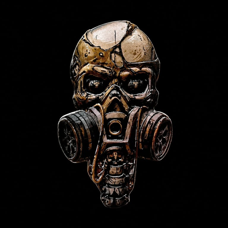Steampunk skull wearing oversized goggles and dual gas masks, metallic bronze finish on black background