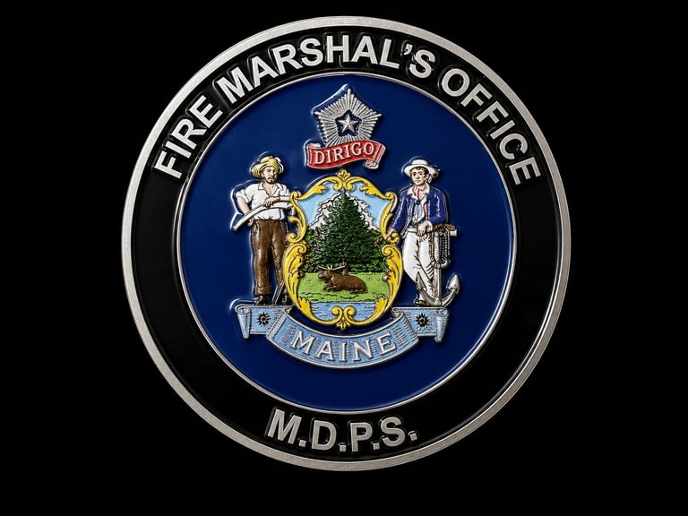 Maine Fire Marshals Office badge seal with blue background, pine tree emblem, and M.D.P.S. text on circular metal frame