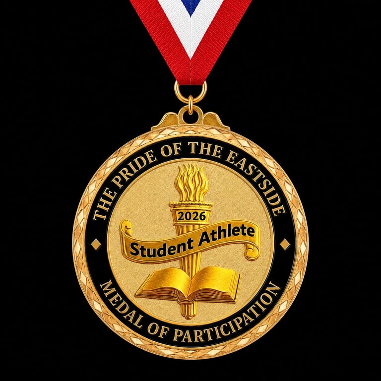 Gold medal with red, white, and blue ribbon reading Pride of the East Side 2026 Student Athlete Medal of Participation