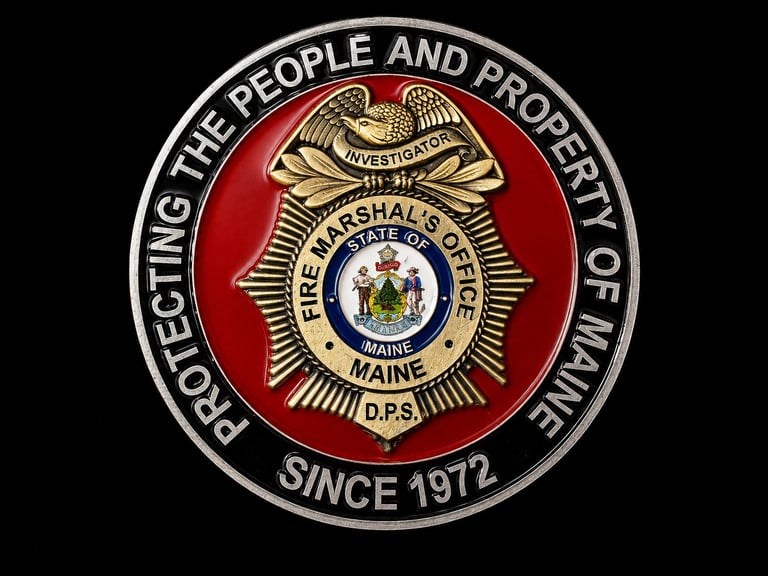 Maine State Police badge featuring eagle emblem, established 1972, protecting the people and property of Maine