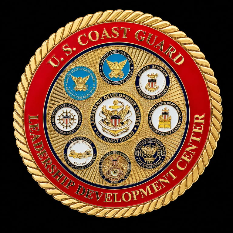U.S. Coast Guard Leadership Development Center official seal with gold rope border and multiple emblems on red and gold background