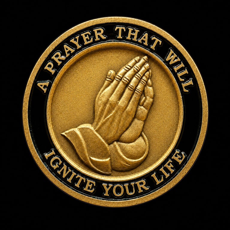 Gold circular medallion featuring praying hands with text around the border reading A Prayer That Will Ignite Your Life