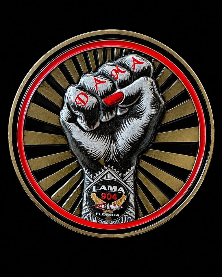 Circular logo featuring a raised fist with red accents and LAMA 904 text band, set against a radiating red and gold sunburst background