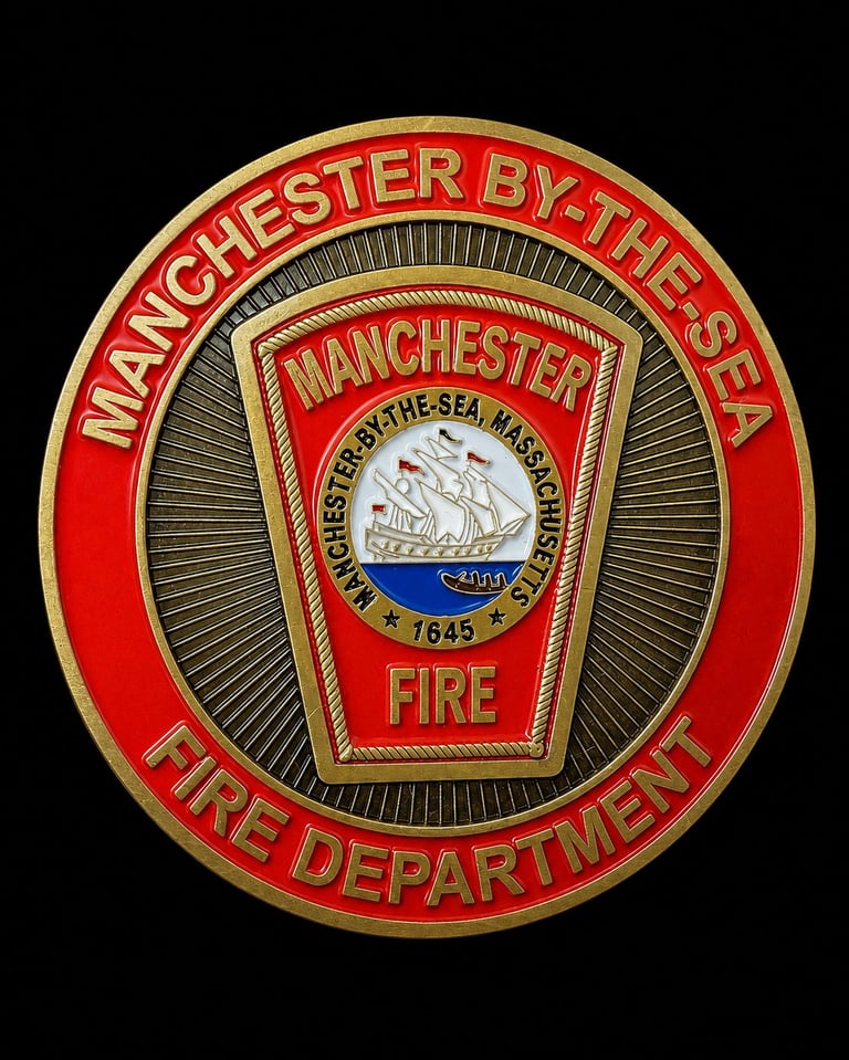 Manchester-by-the-Sea Fire Department circular emblem with shield design featuring sailing ship and established 1645 date