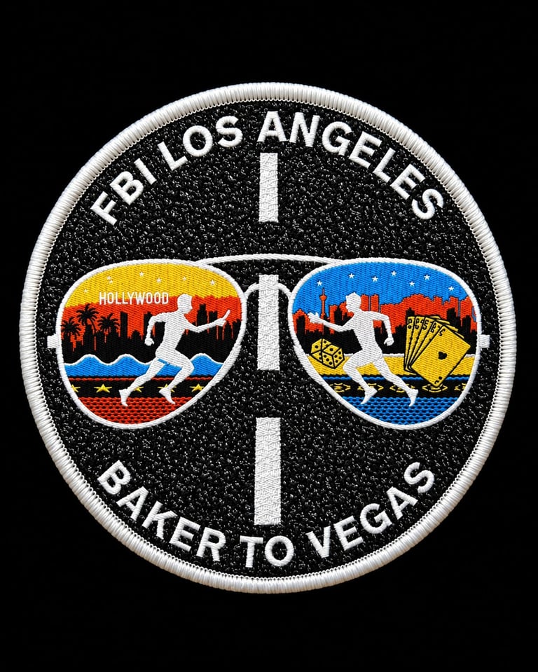FBI Los Angeles Baker to Vegas patch featuring sunglasses with Hollywood and desert scenes on black background