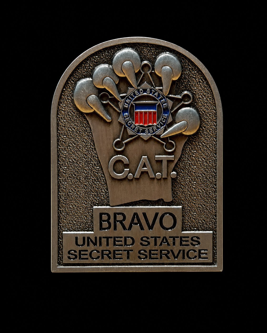 Bronze badge emblem for United States Secret Service Bravo team featuring crossed skeleton keys and a central shield on black background