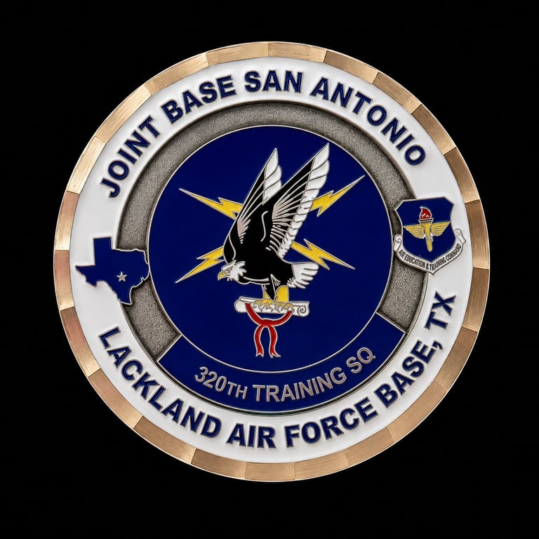 Circular military emblem for Joint Base San Antonio Lackland Air Force Base with eagle and lightning bolt insignia on dark blue center
