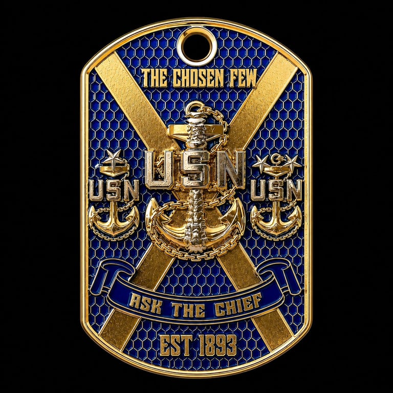 Military dog tag featuring gold Navy insignia with anchors and text The Chosen Few and Ask The Chief on blue background