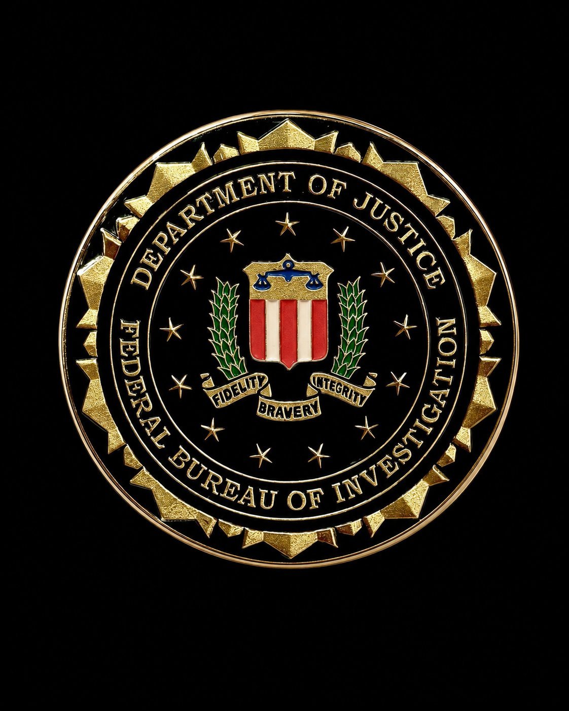 Government challenge coin featuring a gold star border and a central shield with laurel wreaths on black background
