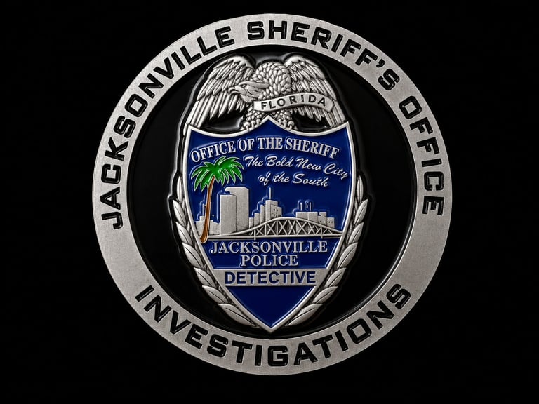 Jacksonville Sheriffs Office Investigations badge featuring a palm tree, cityscape, and bridge emblem on blue shield