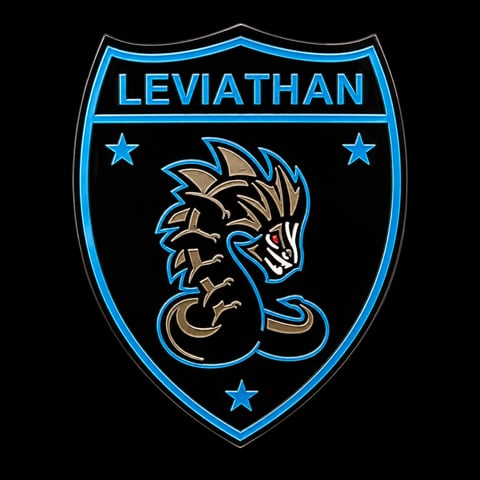 Leviathan badge logo featuring a blue and tan mythical sea serpent head inside a shield with stars on black background