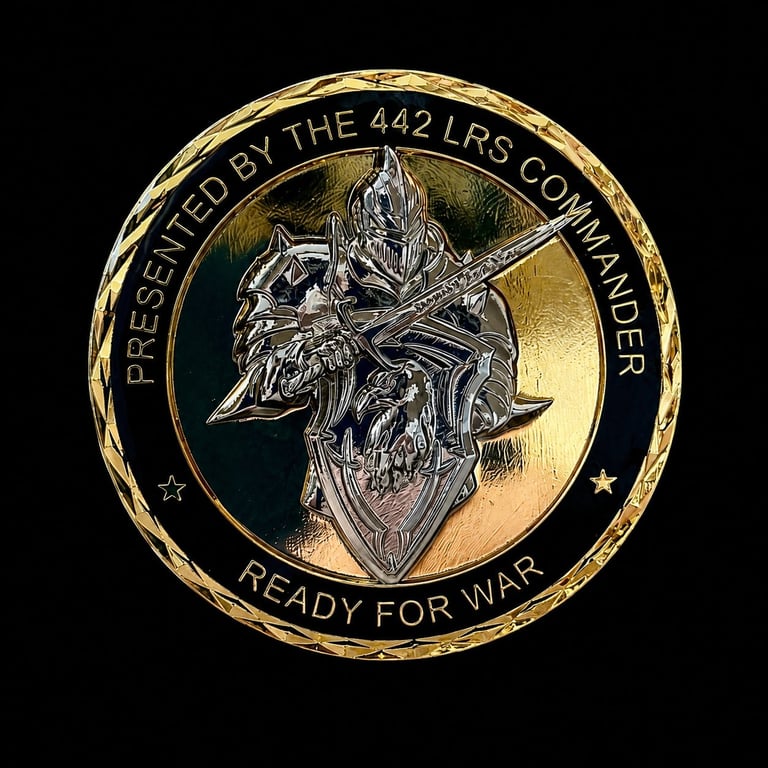Military unit coin featuring a warrior insignia, presented by the 442 LRS Commander with Ready for War motto