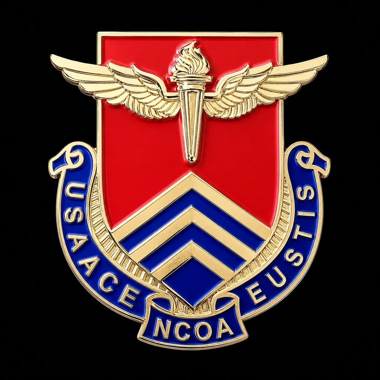 Military insignia featuring winged torch above red shield with blue chevrons and NCOA text on gold banner.
