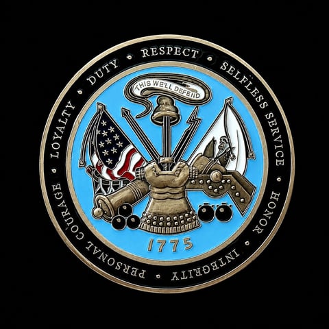 Military insignia seal featuring crossed rifles, flags, and bell with Duty Respect Selfless Service text on circular emblem