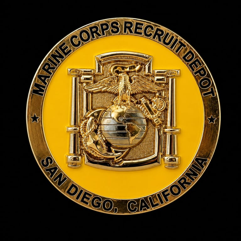 Marine Corps Recruiting Depot seal from San Diego, California with eagle emblem on gold and black circular background