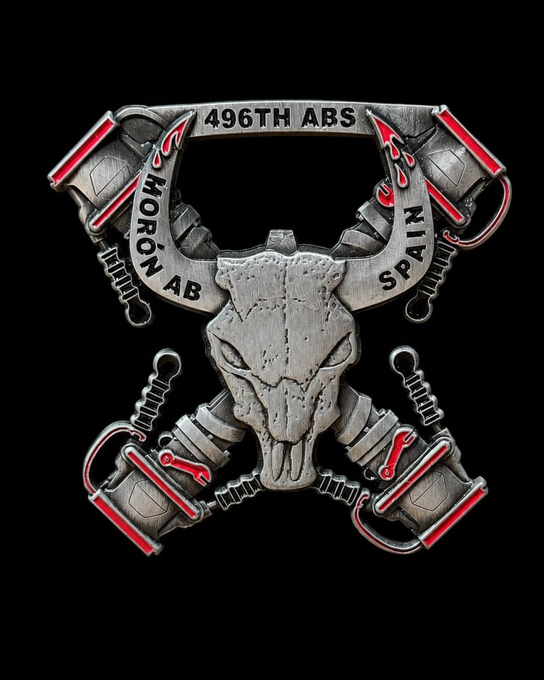 496th ABS military emblem featuring a bull skull centered with four bomb-shaped insignias and red accents on black background