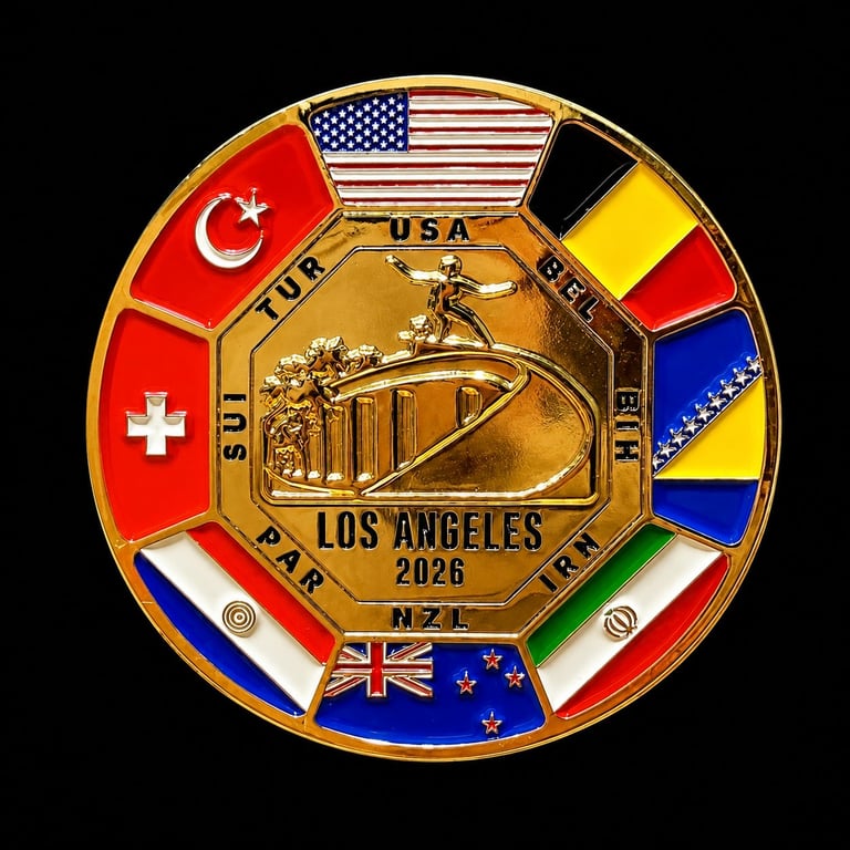 Gold medallion for Los Angeles 2026 Olympics featuring international flags and a classical building design