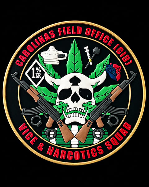 Circular police badge patch with skull wearing green cannabis leaves, crossed rifles, and text reading Carolinas Field Officer and Vice and Narcotics Squad