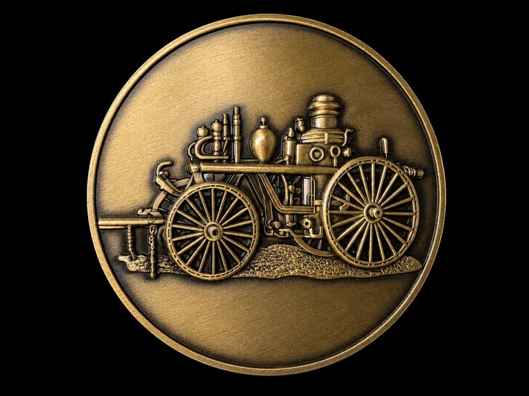 Bronze medal featuring an engraved vintage steam locomotive on black background
