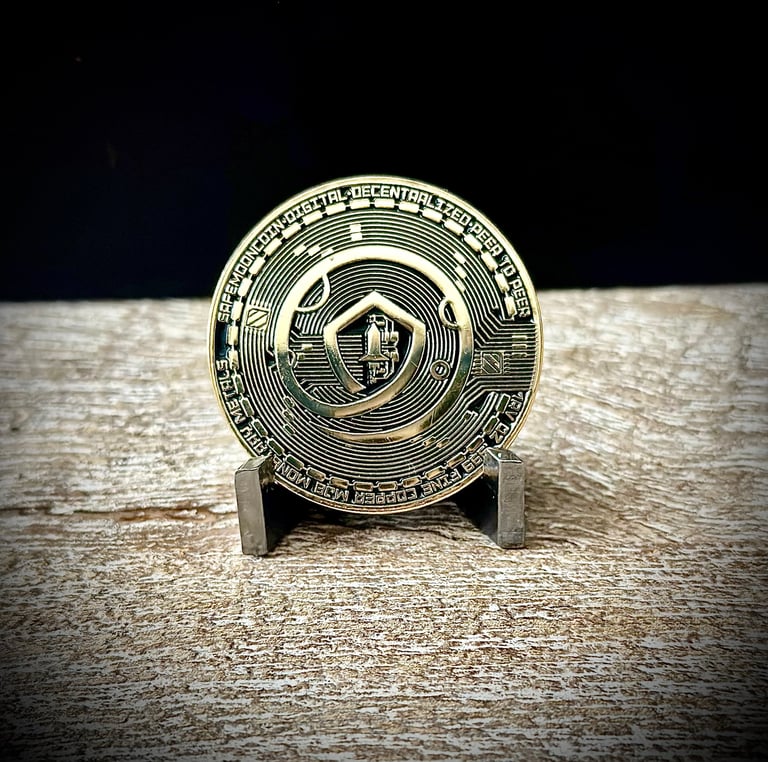 Gold cryptocurrency coin with house symbol displayed on stand against dark background