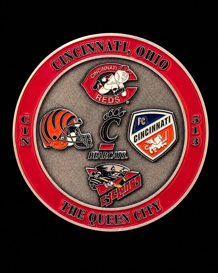 Cincinnati sports emblem featuring Reds, Bengals, Bearcats, and Skyline logos with Queen City text on red and gray circular seal