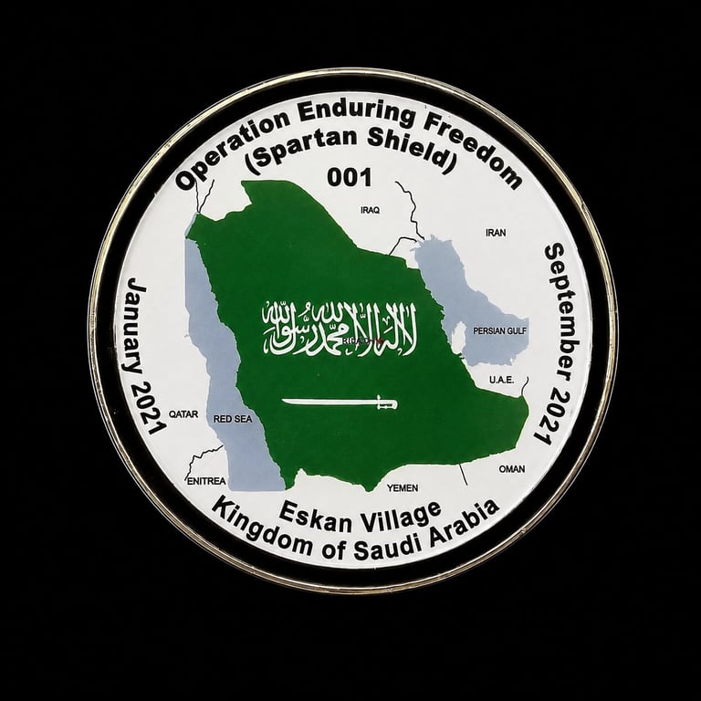 Round embroidered patch with a detailed map and Arabic text for a military commemorative project