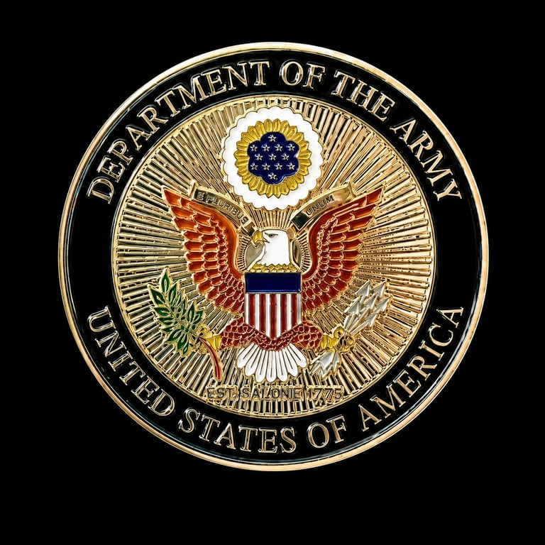 Official Department of the Army seal featuring an eagle with shield and olive branch on black background
