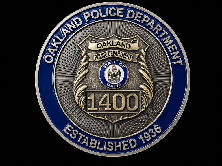 Oakland Police Department badge with number 1400, circular blue and silver seal established 1886