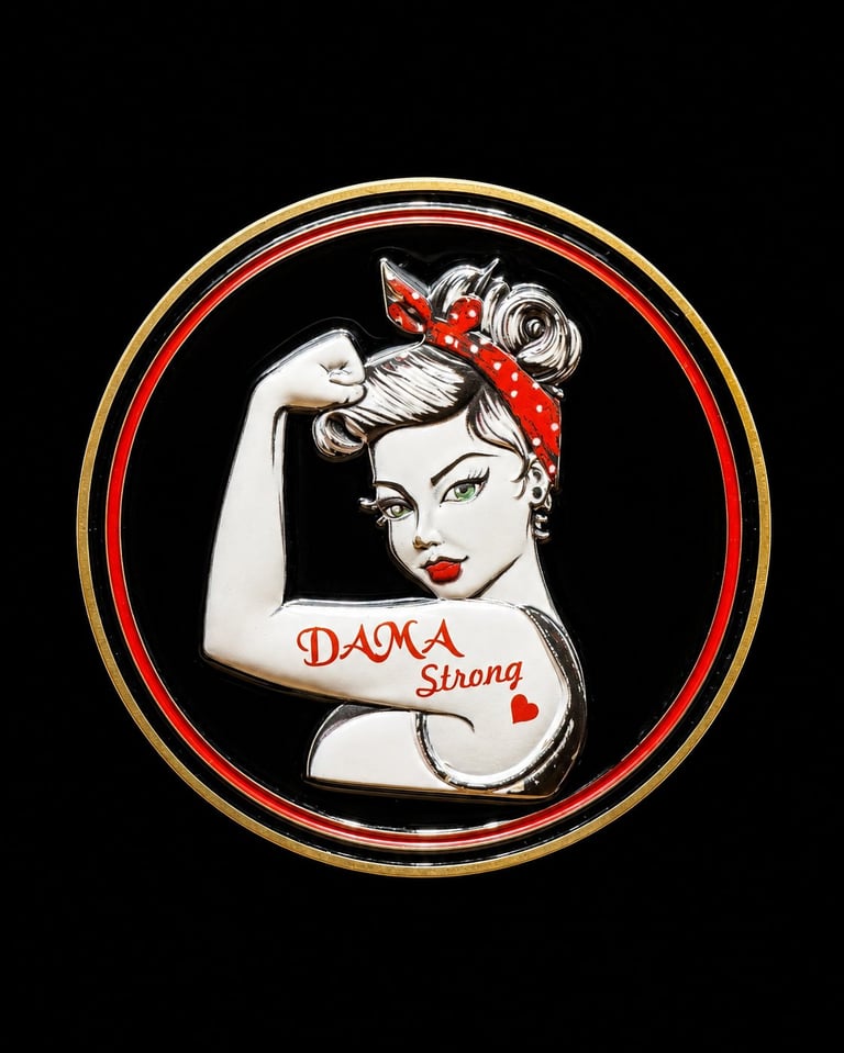 Vintage-style illustration of a woman flexing her bicep with DAMA Strong text in a circular gold and red border on black background