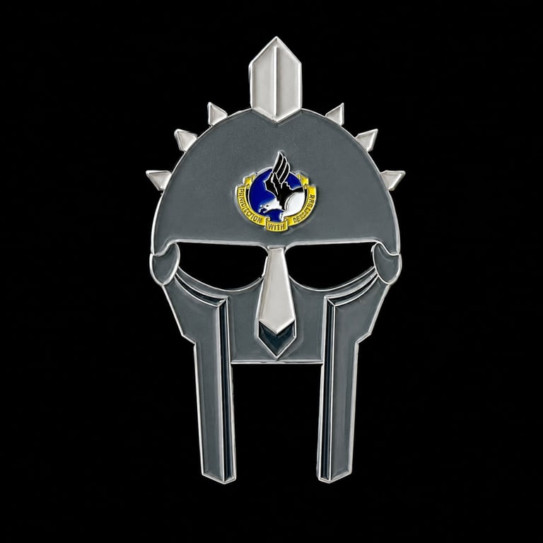 Futuristic gray metal helmet with spikes, central crest, and emblem featuring an eagle or bird symbol on black background
