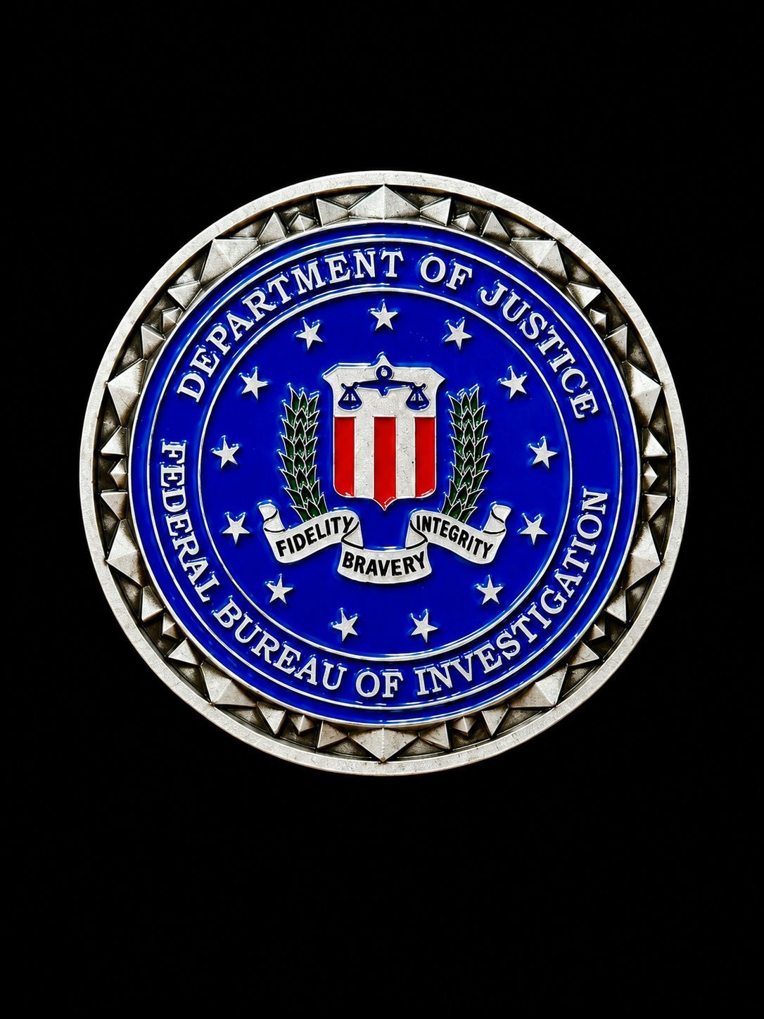 FBI seal featuring a blue circular design with an eagle shield, stars, and text reading Department of Justice Federal Bureau of Investigation