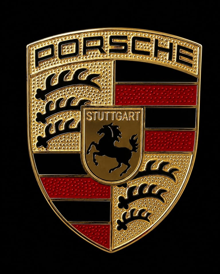 Porsche Stuttgart crest logo with gold-trimmed shield featuring black prancing horse emblem, red and black horizontal stripes on black background