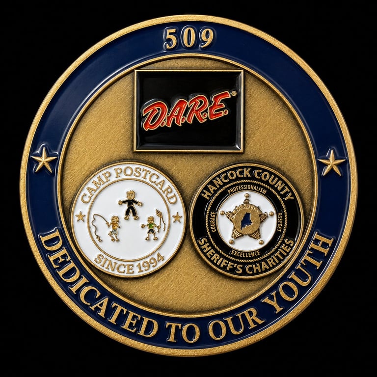Gold and blue circular emblem 509 DARE dedicated to youth, featuring Camp Postcard and Hancock County Sheriff badges