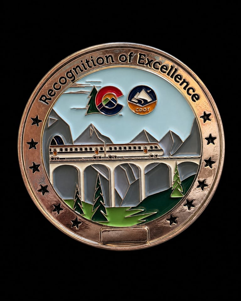 Recognition of Excellence medal featuring a train crossing a viaduct bridge with mountains, forest, and commemorative emblems
