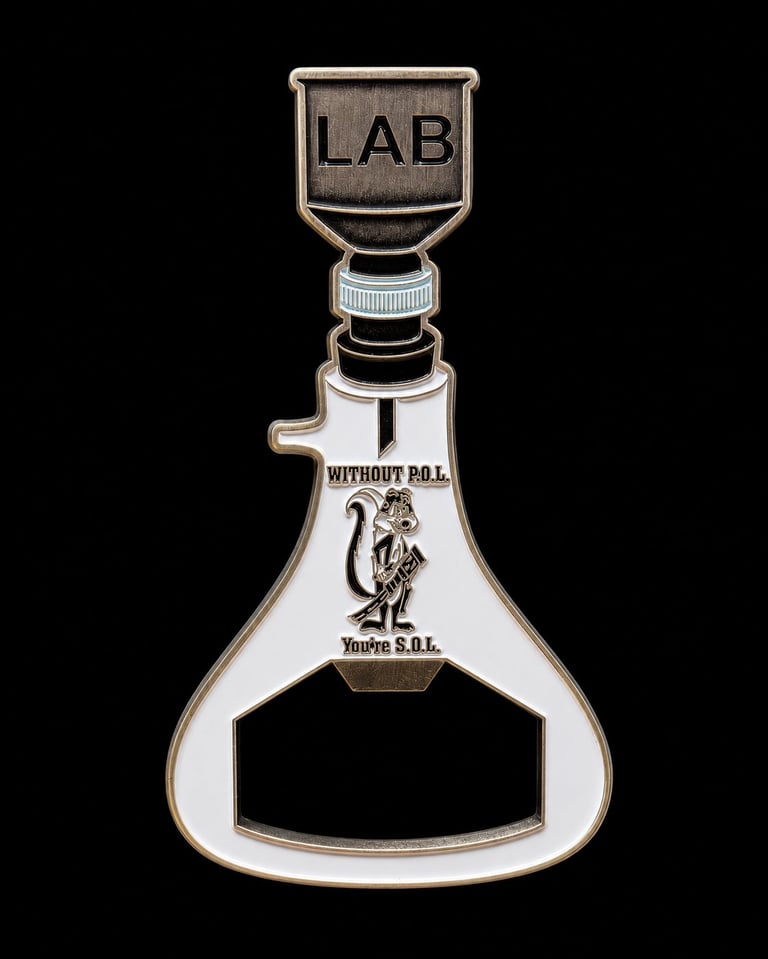 Laboratory flask with LAB label on top dispenser bottle against black background