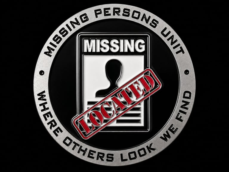 Logo for Missing Persons Unit with silhouette on missing poster, red located stamp, and circular text where others look we find