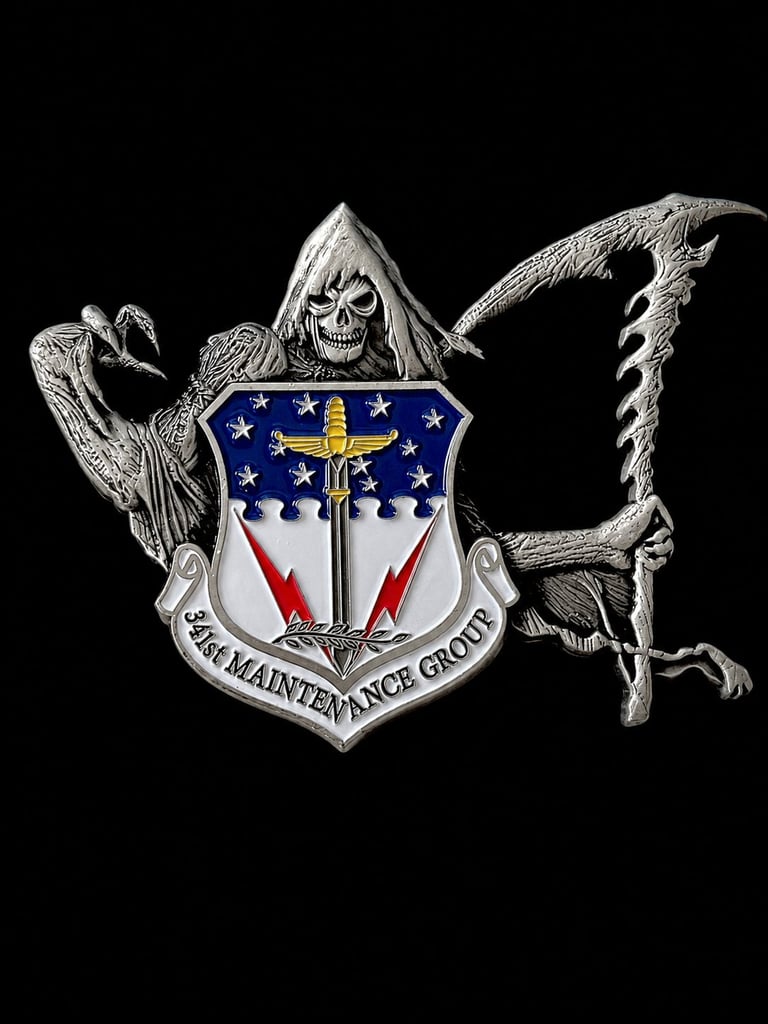 Grim Reaper emblem with shield featuring stars, cross, and lightning bolts, labeled 386 MAINTENANCE GROUP