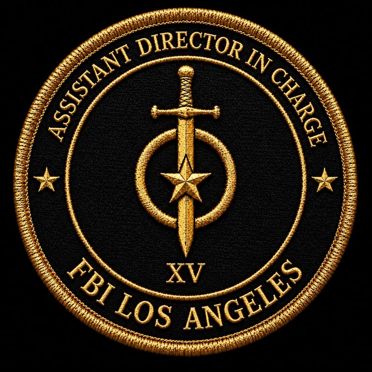 FBI Los Angeles Assistant Director in Charge patch featuring gold sword and star emblem on black background with Roman numeral XV