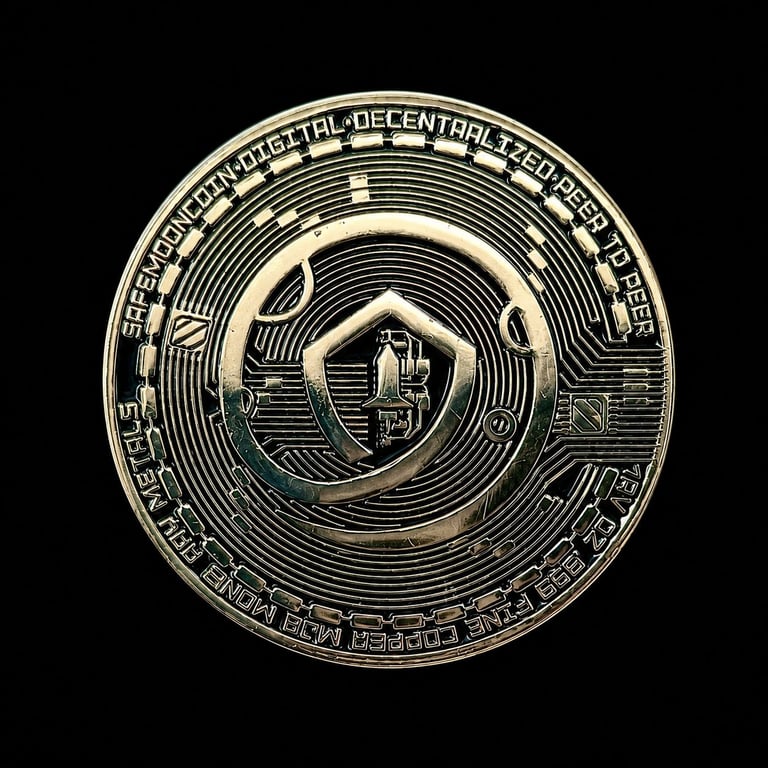 Circular metallic coin with concentric rings, central symbol, and text around the outer edge against a black background