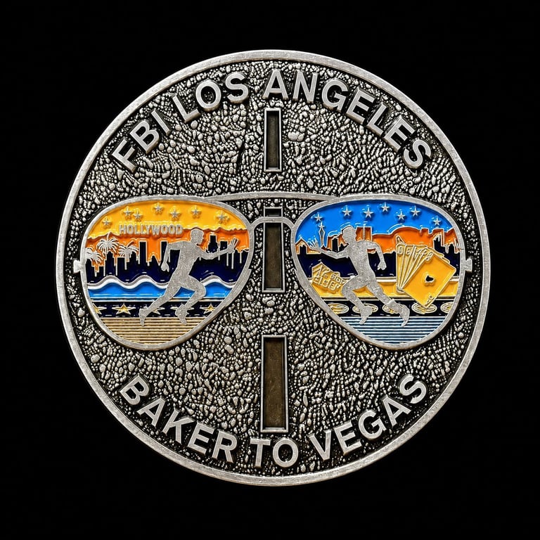 Challenge coin featuring sunglasses reflecting Los Angeles and Las Vegas cityscapes, with text reading Baker to Vegas