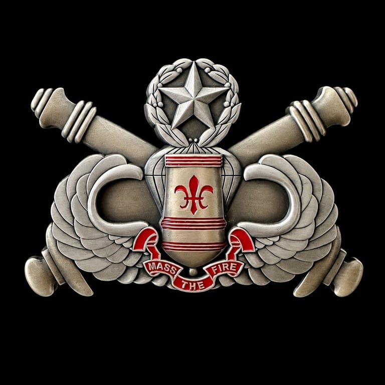 Military insignia badge featuring a star above a shield with fleur-de-lis symbol, flanked by wings and crossed torches, with a banner reading Lead the Fire